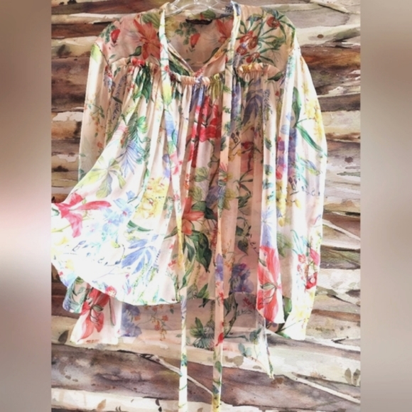 ROCHAS Gorgeous Silk ITALY Flowers Tie Bow Neck Luxury LS Sheer Blouse EUC LN 40 - Picture 2 of 16